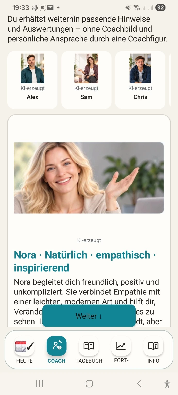 Originalansicht: Coach-Auswahl mit Nora und weiteren Coaches