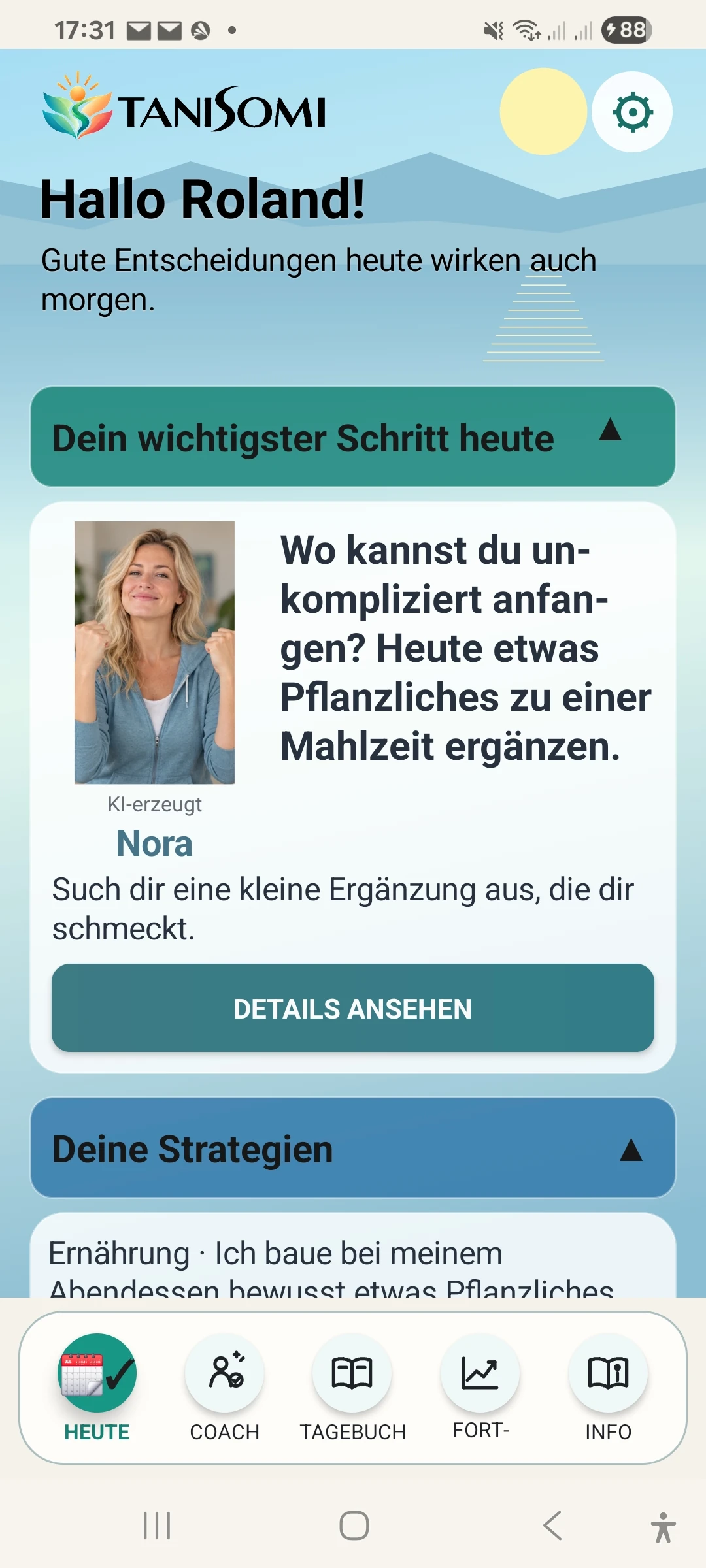Originalansicht HEUTE mit Nora und einem Vorschlag für eine pflanzliche Ergänzung zur Mahlzeit