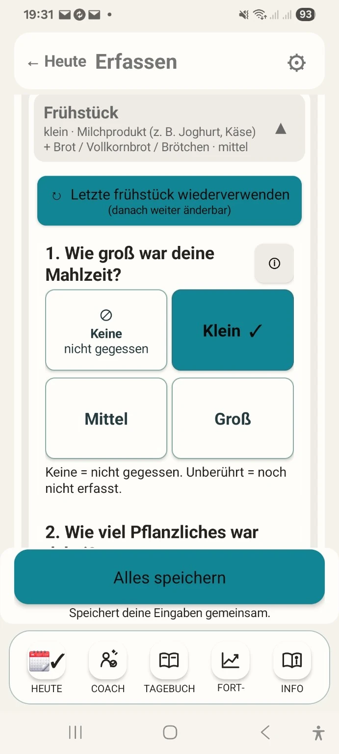 Originalansicht: Mahlzeitengröße in TANISOMI auswählen