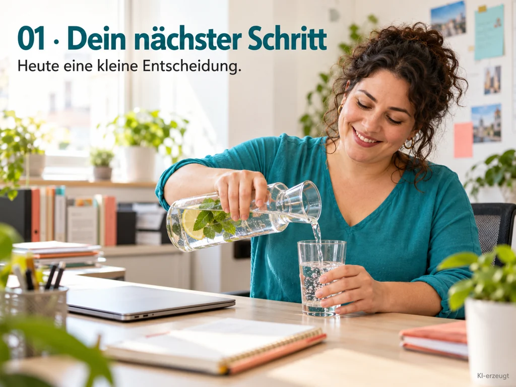 Frau schenkt sich während einer Arbeitspause Wasser ein.
