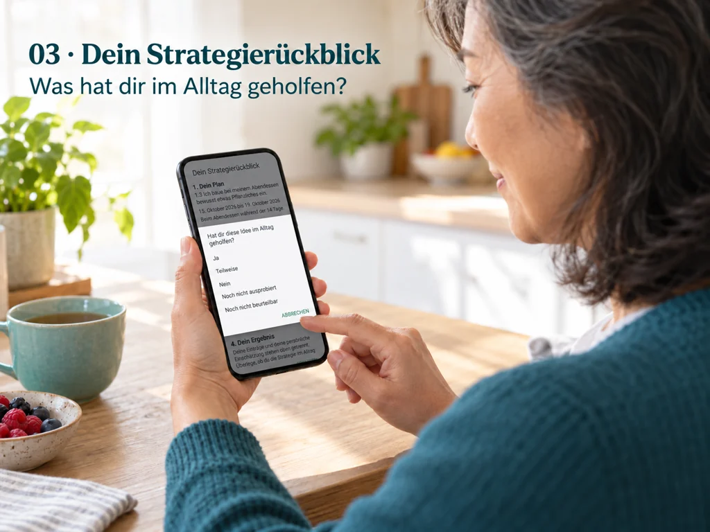 Blick über die Schulter einer Frau auf den Strategierückblick am Handy.