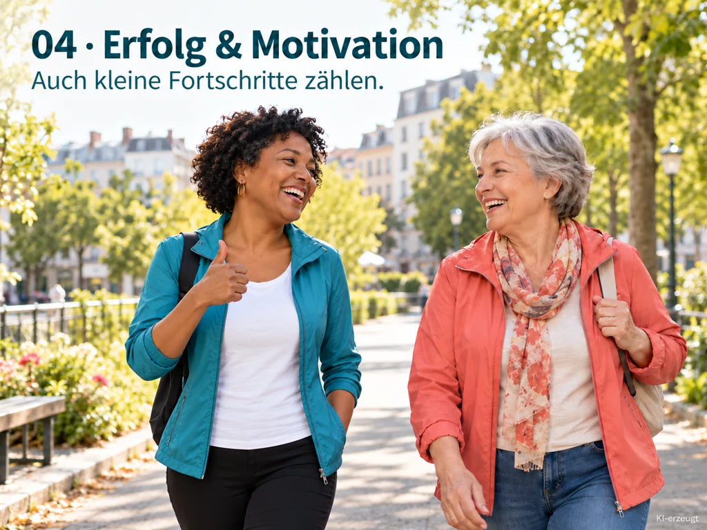 Zwei Freundinnen freuen sich beim gemeinsamen Spaziergang über kleine Fortschritte.