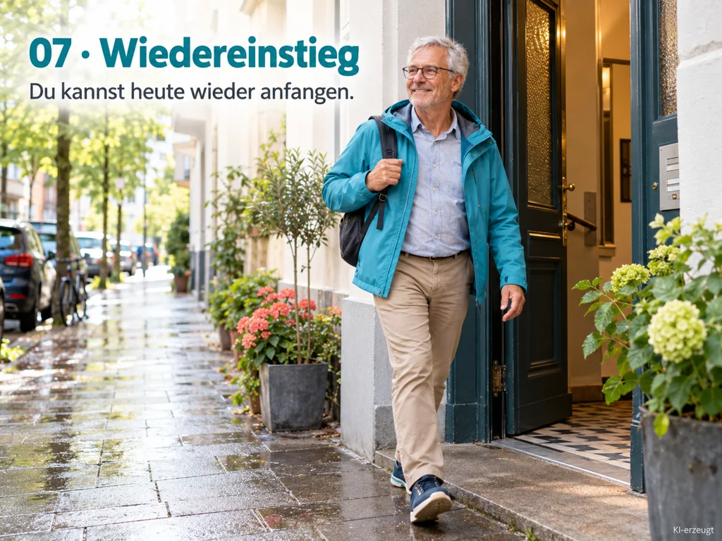 Mann geht mit einem Lächeln aus der Haustür los.