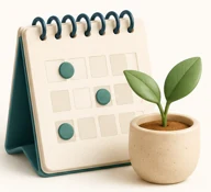 Kalender mit junger Pflanze für langfristige Gewohnheiten.