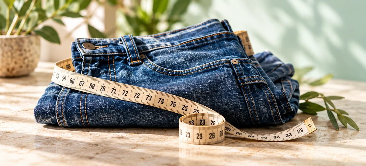 Gefaltete Jeans mit Maßband als Symbol für Veränderungen des Bauchumfangs