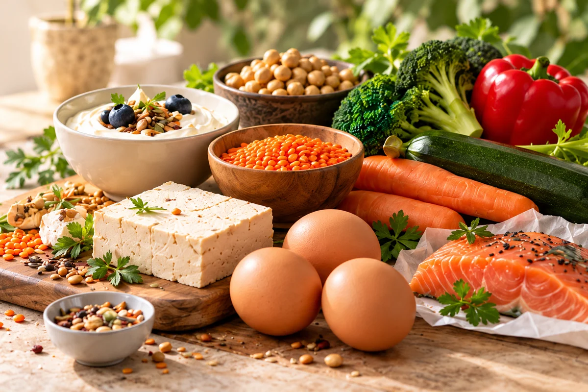 Eiweißquellen mit Joghurt, Hülsenfrüchten, Tofu, Eiern und Fisch