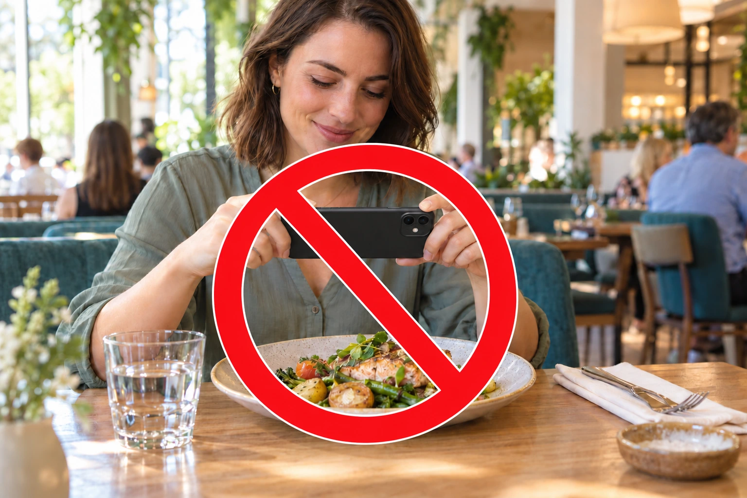 Eine Frau fotografiert ihr Mittagessen im Restaurant; ein kräftiges rotes Verbotszeichen mit schmaler weißer Kontur verdeutlicht: Für TANISOMI sind keine Mahlzeitenfotos erforderlich