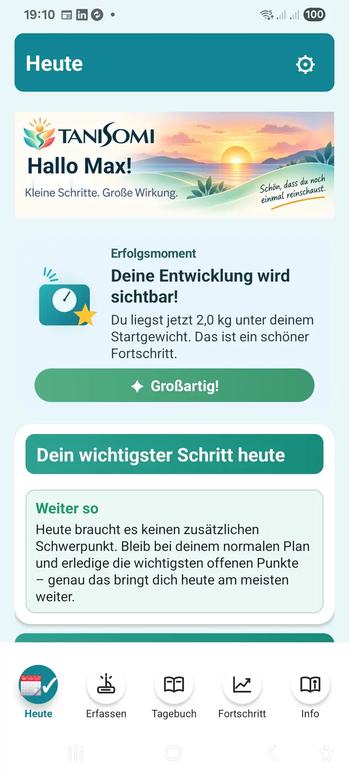 TANISOMI Heute-Ansicht mit persönlicher Begrüßung und wichtigstem Schritt