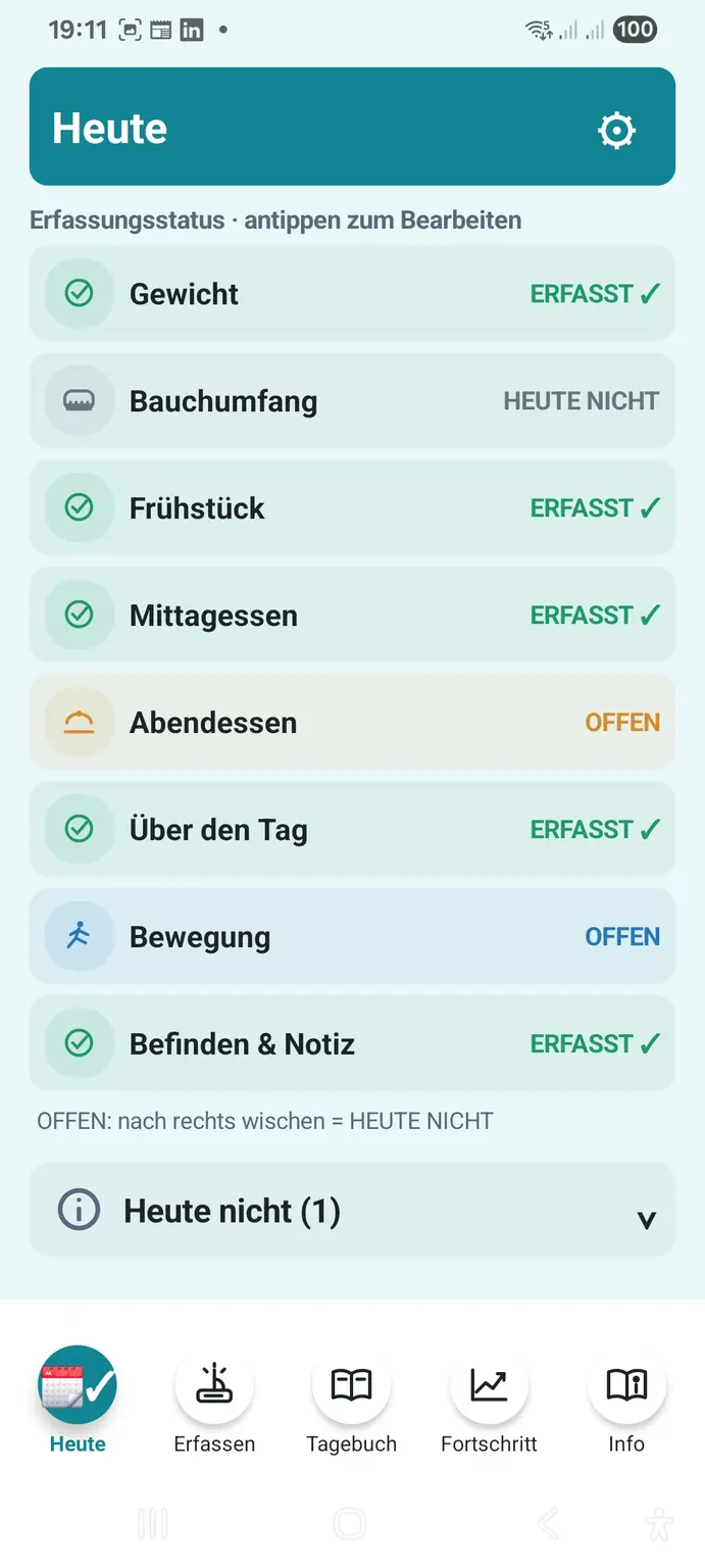 TANISOMI Heute-Ansicht mit Status der täglichen Erfassung